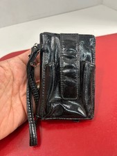 Cartera negra de imitación charol Bolso de muñeca para mujer, portatarjetas de identificación con cremallera