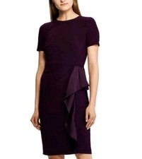 RALPH LAUREN Womens Purple Ruffled Short Sleeve Crew Neck Mini Sheath Dress 14