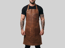 Handmade Brown Leather Apron BBQ Grilling Chef Work Tool Aprons with Pockets