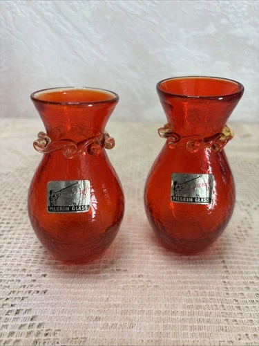 2 Art Glass Vases Crackle Mini Ruby Amberina Blenko Pilgrim Vintage