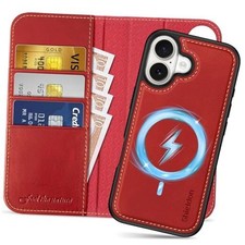 Genuine Leather Wallet Case 6.3-inch 2025 Detachable for iPhone 17 Retro Red
