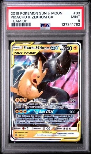 2019 POKEMON SUN & MOON TEAM UP #33 PIKACHU & ZEKROM GX PSA 9