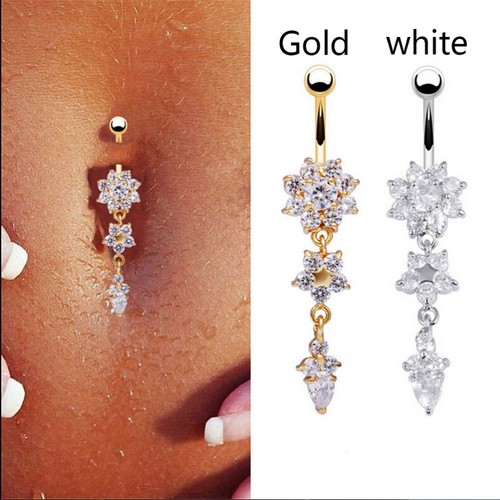 Flower Crystal Surgical Steel Dangle BELLY Button Navel bars Ring Body Piercing - Picture 5 of 23