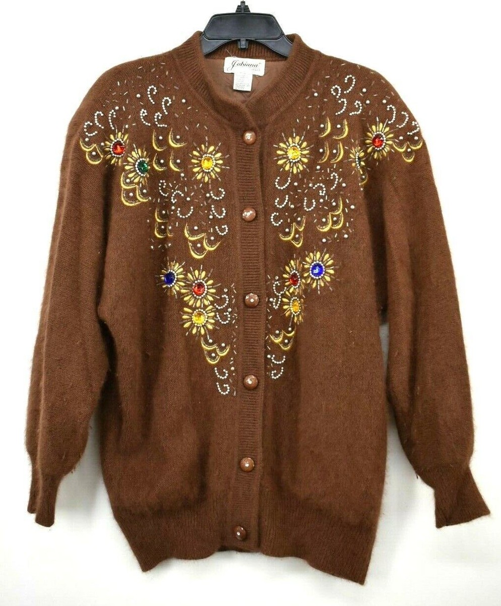 Jubiana Women Brown Bead Embellished Button Front Long Sleeve Cardigan  Sweater