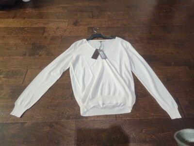 Ermanno Scervino Women Sweater SZ 50 White Knitted Fleece Wool V-Neck Longsleeve