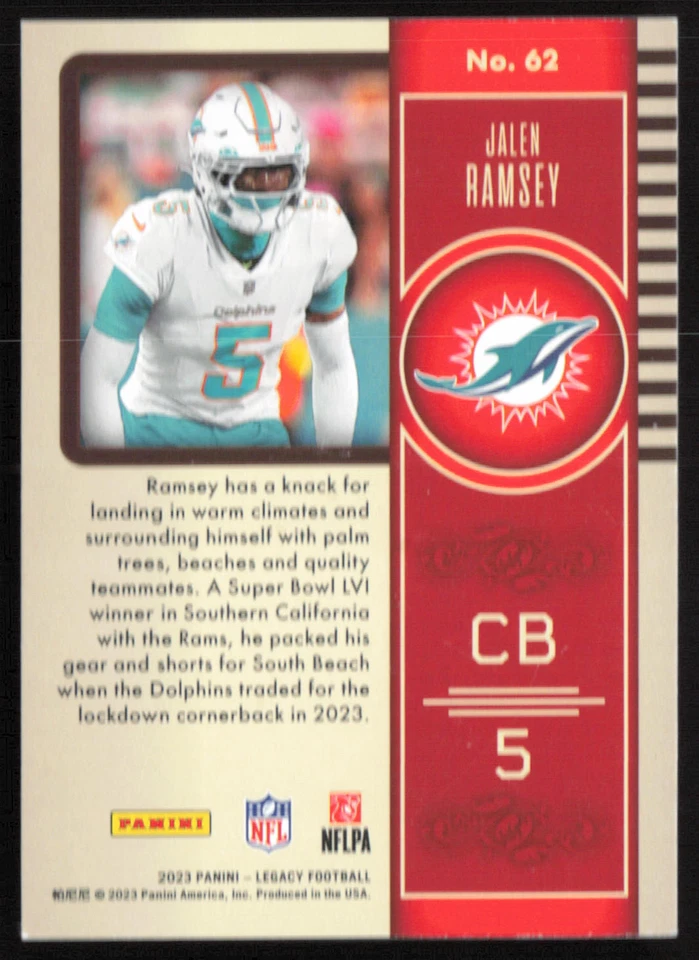 Jalen Ramsey 2023 Panini Legacy #62 Miami Dolphins - Image 2 of 2