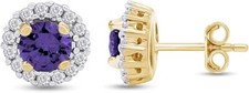 Halo Stud Earrings Simulated Birthstone in 14k Yellow Gold Plated Silver