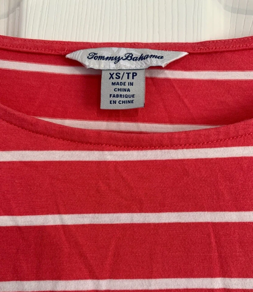Tommy Bahama Top 女式 XS 粉色白色条纹 3/4 喇叭袖海滩 — 第 3/4 张图片