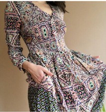 Anthropologie Maeve Tiled Amethyst Dress Smocked Pockets Size XS