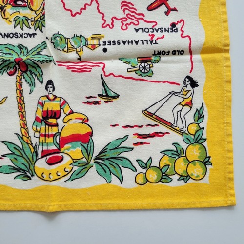 Asciugamano da tè in lino vintage anni '50 Florida bordo giallo retrò MCM pin up ragazza stato NOS - Foto 6 di 10