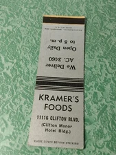 Vintage Matchbook Collectible Ephemera B31 Cleveland Ohio Kramer's foods deliver
