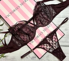 Victoria's Secret Bra Thong Set Mesh Logo Embroidery Unlined Low-Cut Demi Brown