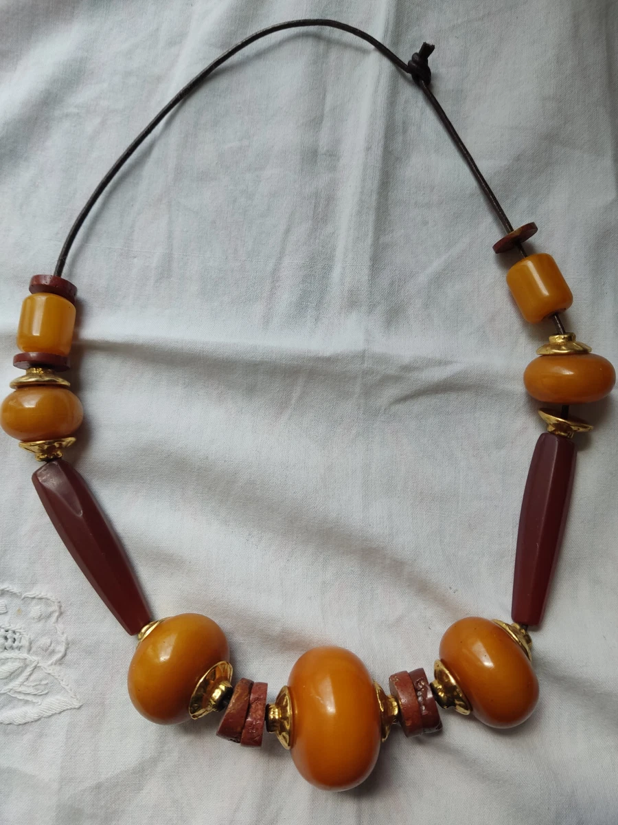 Collier Vintage En Pierre D’ambre / Marron - Style Rétro Années 70