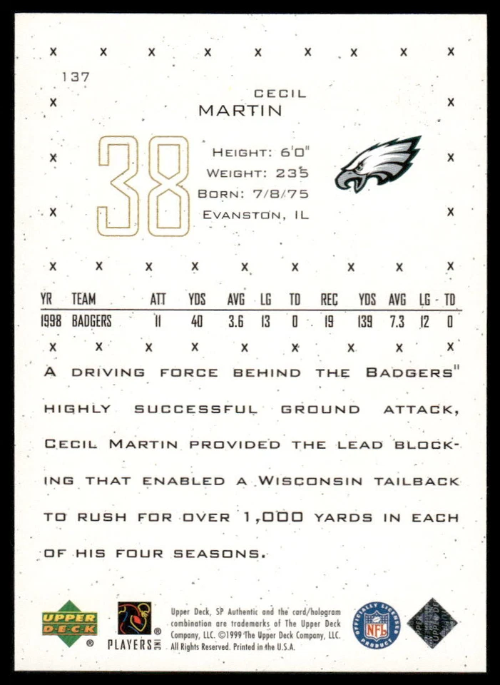 Cecil Martin Rookie 1999 SP Authentic #137 #/1999 45110 - Image 2 of 2