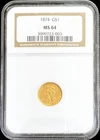 1874 GOLD USA LIBERTY HEAD $1 DOLLAR COIN TYPE 3 NGC MS 64