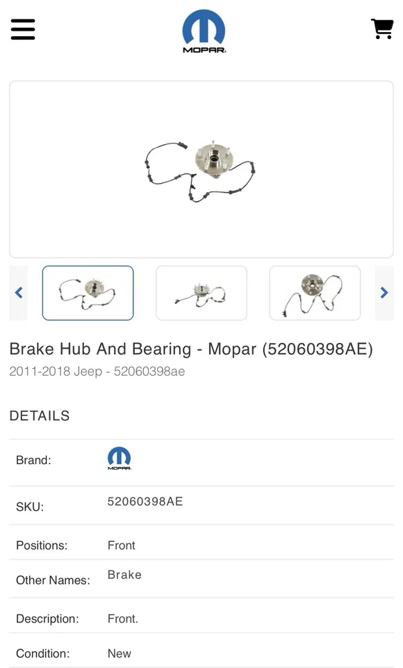 NUEVO Buje y cojinete de freno delantero genuino Mopar 52060398AE Jeep Foto 2 de 2