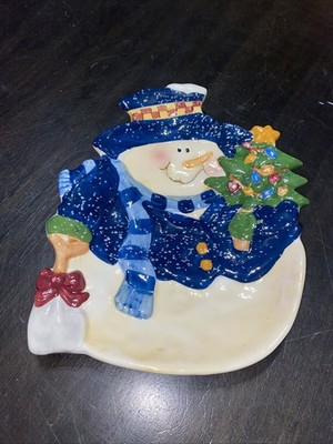 Cobble Creek Christmas Snowman Plate Serve Dish Holiday Tree Vintage Scarf