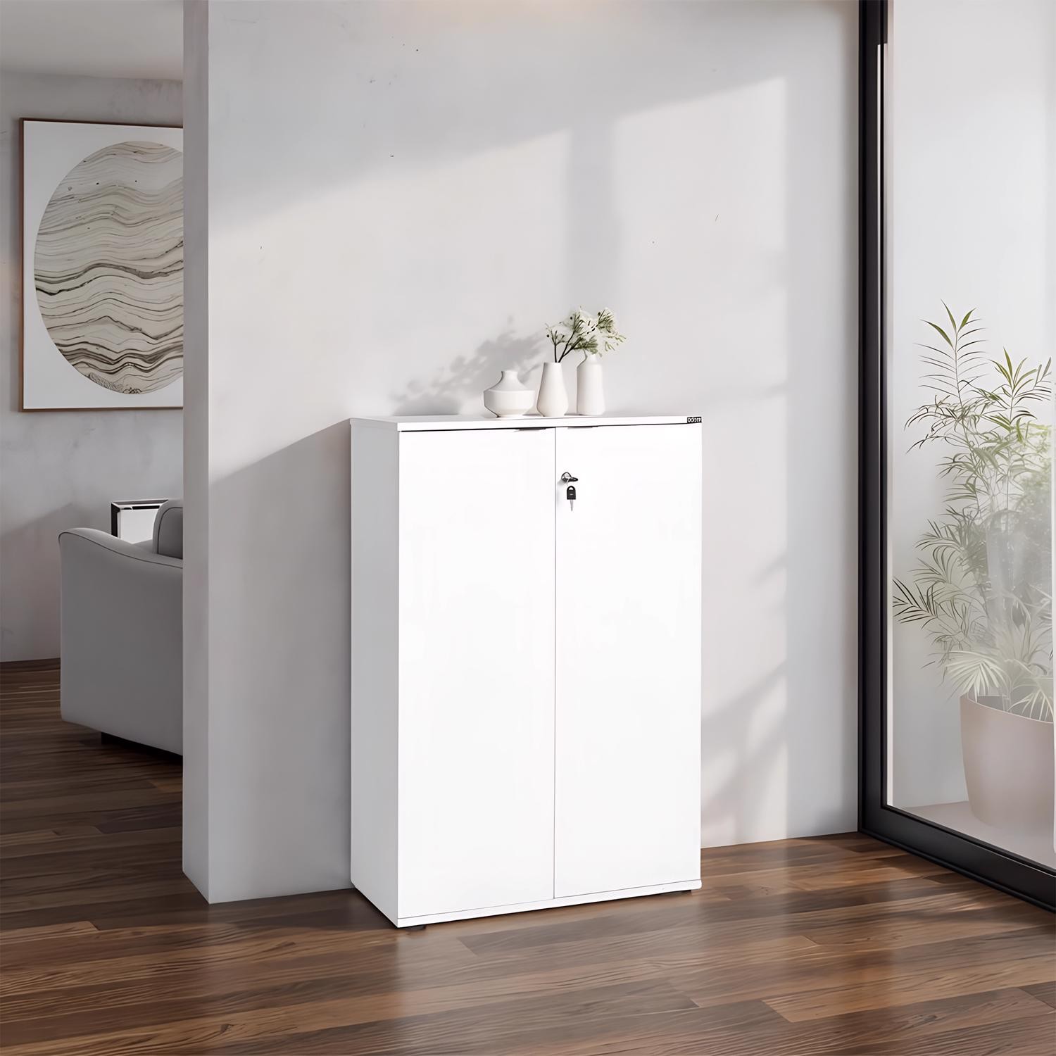 Matt White 2 Door Cabinet Lockable Office Storage Pull Style Handles