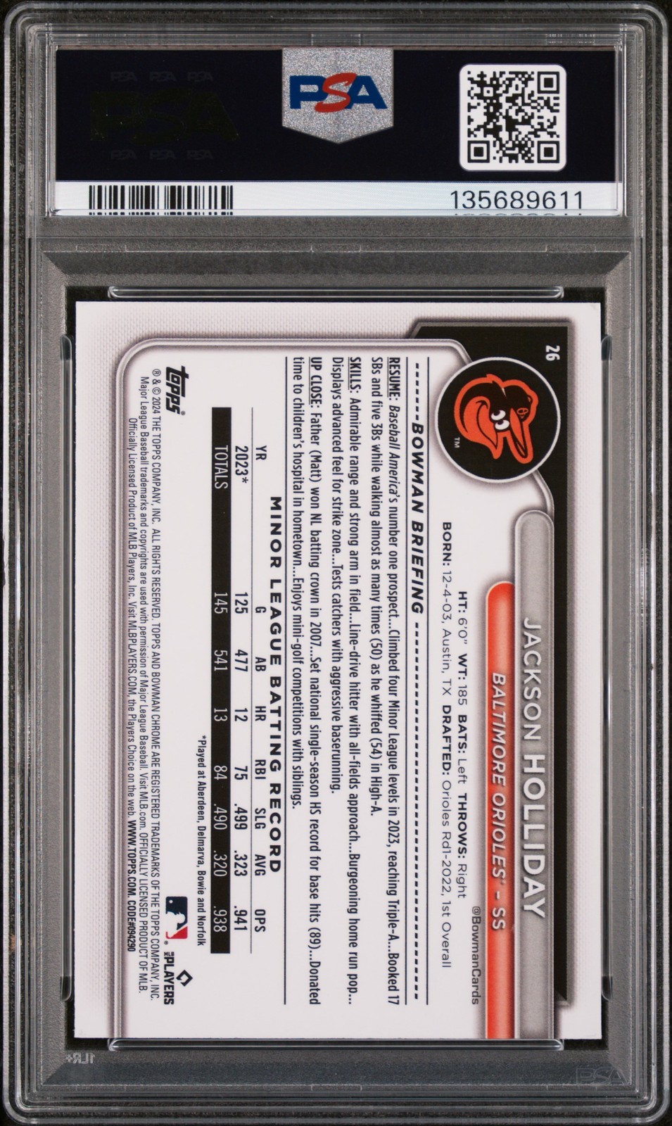 2024 BOWMAN CHROME MEGA BOX #26 JACKSON HOLLIDAY ROOKIE RC PSA 10 view 2
