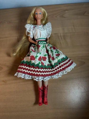 Barbie Doll Dress Flowered Red Green White Lace Designed  Vintage Dress Red Boot