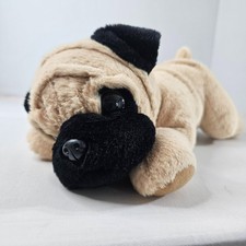Aurora Flopsie Laying Pug-Ger Dog Plush Wrinkled Brow Tan Black Puppy Stuffed