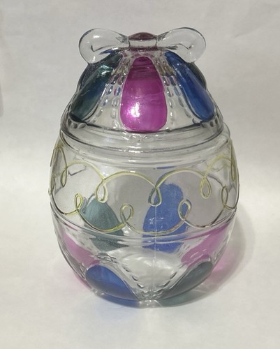 Vintage Anchor Hocking Glass Large EASTER Egg Candy Jar Bow on Top Hand Painted - Picture 4 of 16