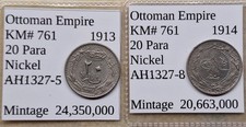 2 Nice Old Ottoman Empire 20 Para Coins 1913 & 1914 Vintage World Turkey !!