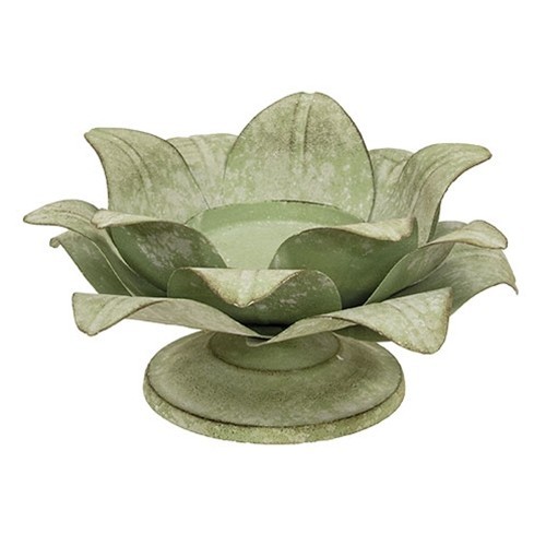 NEW Primitive FARMHOUSE SAGE GREEN Metal Aged PILLAR LOTUS Candle Holder 9"Wx9"D