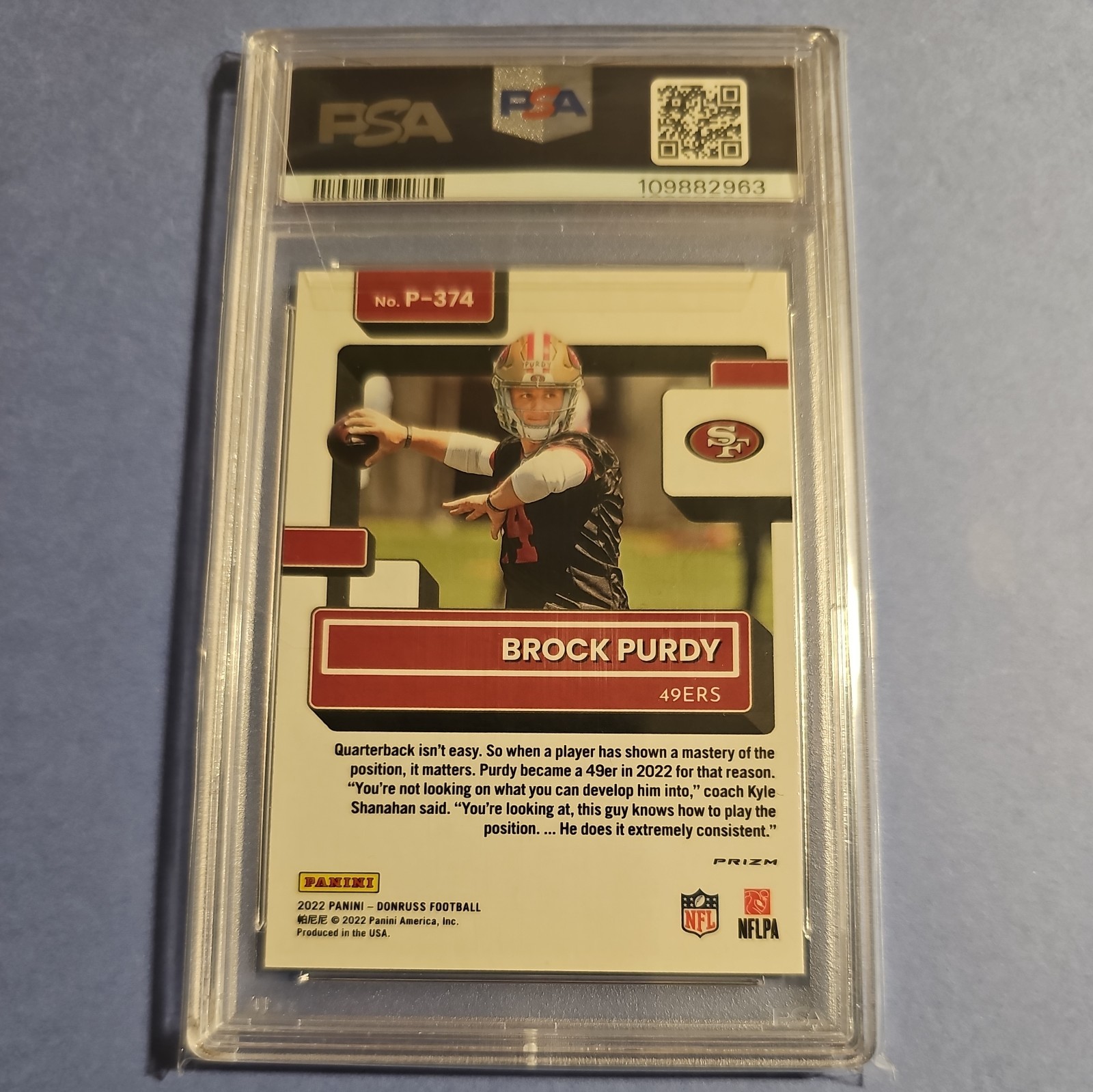 2022 Panini Donruss Brock Purdy Rated Rookie Optic Green Velocity PSA 9 49ers view 2