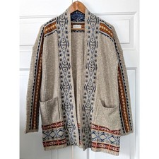 Lucky Brand Geometric Border Pocket Open Front Cardigan Sweater