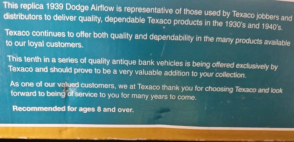 Винтажный ERTL 1993 Texaco литой 1939 Dodge Airflow монета банк и ключ неиспользованный в коробке - Изображение 4 из 4