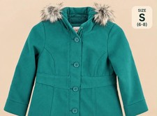 Cat Jack Girls Green Hooded Coat Faux Fur Trim Button Fleece Size S
