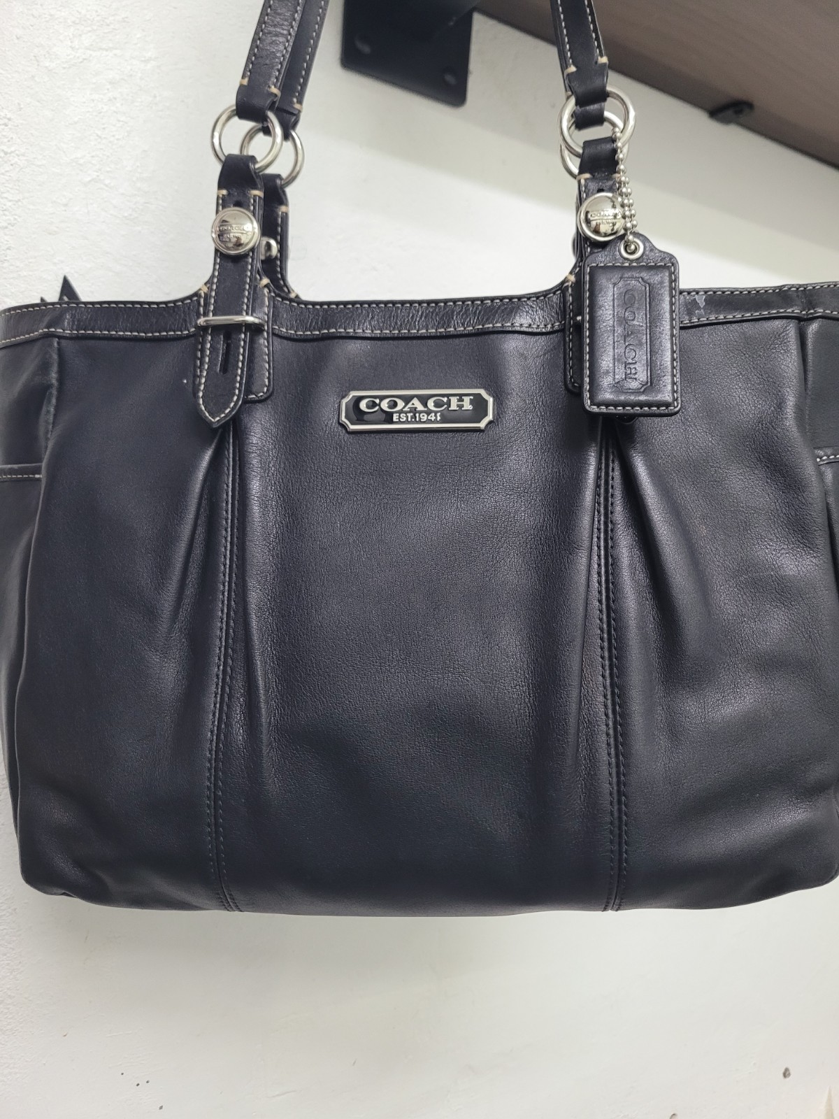 Coach Medium Black Leather Shoulder Bag with Blue Lining