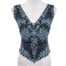 JS Boutique Top Womens Small Black Blue Beaded Floral Zip Formal Party Neoprene