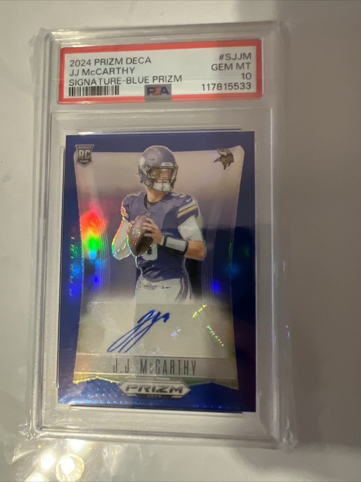 2024 Panini Prizm Deca Jj McCarthy Blue Prizm Auto /49 Psa 10