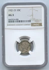 1921-D Mercury Dime Graded by NGC AG3, Key Date Coin, Free Shipping