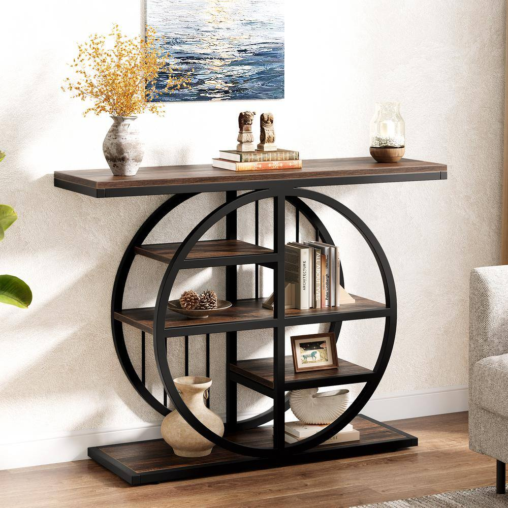 Turrella 39-Inch Brown Wooden Console Table with Circular Base