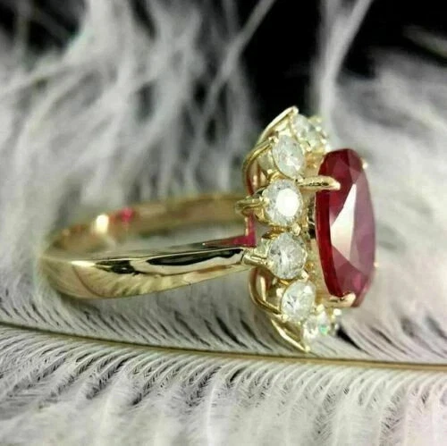 4.50 Ct Oval Cut Natural Ruby & Diamond Engagement 14K Ring Yellow Gold Size 7.5 - Image 2 of 4