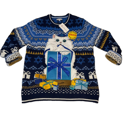 Jolly Sweaters Mens Size L Multicolor Fluffy Hanukkah Cat Ugly Holiday Pouch