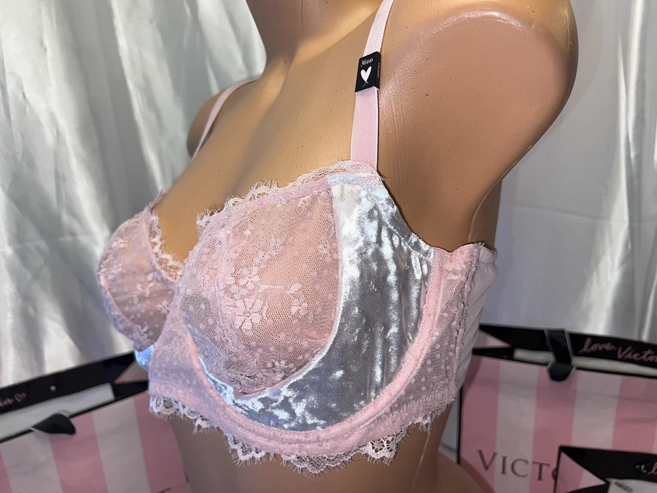 Sujetador Victorias Secret Dream Angels terciopelo aplastado y encaje rosa 36DD Foto 3 de 4