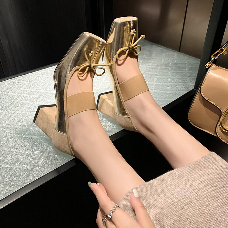 Women's Fashion Leather Square Toe Bowtie Elastic Band Block Heel