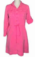 J Crew Drawstring Shirt Dress Long Sleeves Roll Tab Patch Pockets Neon Pink Sz 0