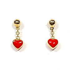 14k Yellow Red Enamel Small Dangling Heart Stud Earrings