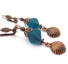 Sea Glass Earrings Dark Ocean Blue Antique Copper Shell Resort Chic Gift for Her