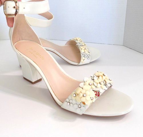 New Size 7.5 KATE SPADE ivory Daisy Leather LADYBUG heels Sandals crystals $198