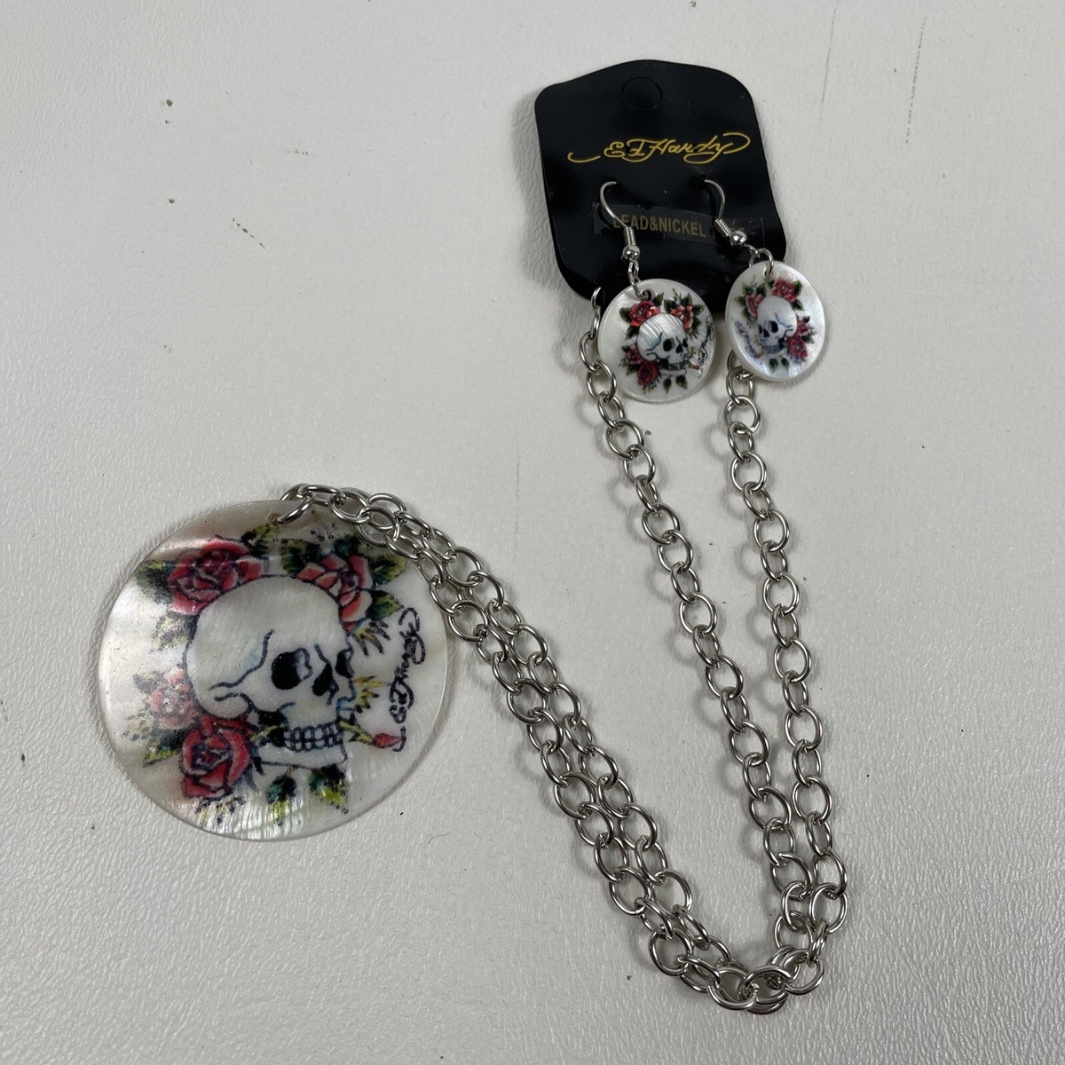 🔥ED HARDY SKULL & ROSE SHELL NECKLACE EARRINGS SET BRAND