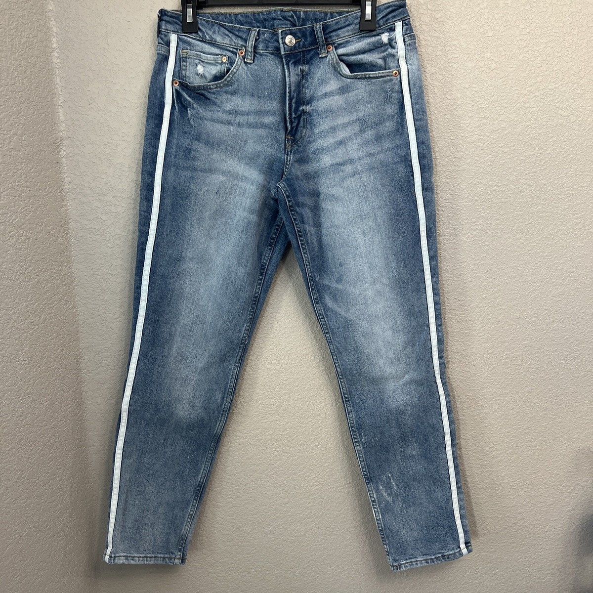 H&M Denim Regular Waist Girlfriend Fit White Stripe Jeans Size 29