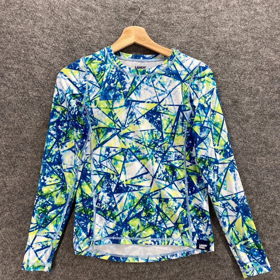 Lands' End Swimming Top Girls L Large Blue Geometric Crew Neck Long Sleeve - Image 3 of 4