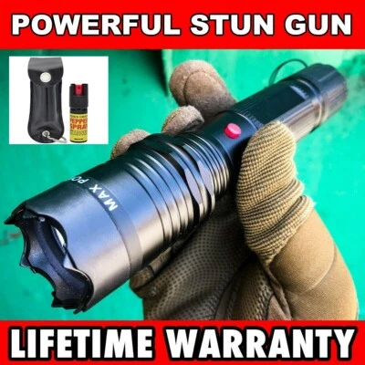 7" Military Tactical 300MV Stun Gun Rechargeable LED Flashlight Pepper Spray KIT