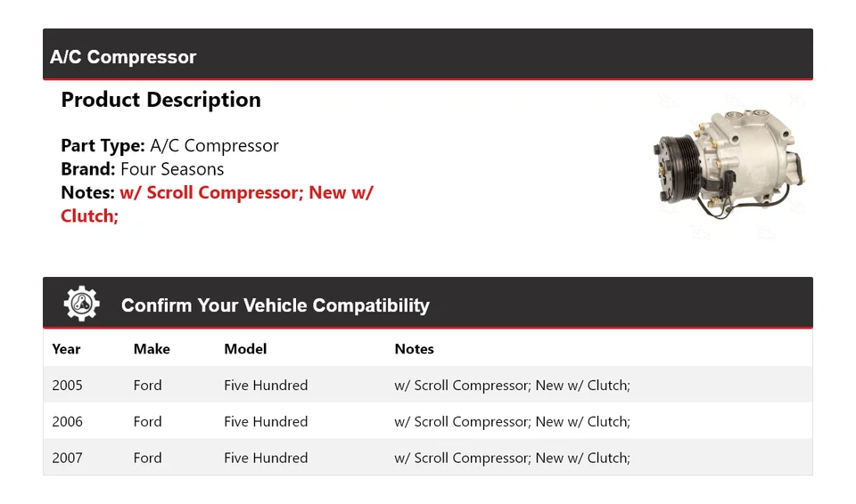For 2005-2007 Ford Five Hundred A/C Compressor 4 Seasons 2006 - Image 2 of 4